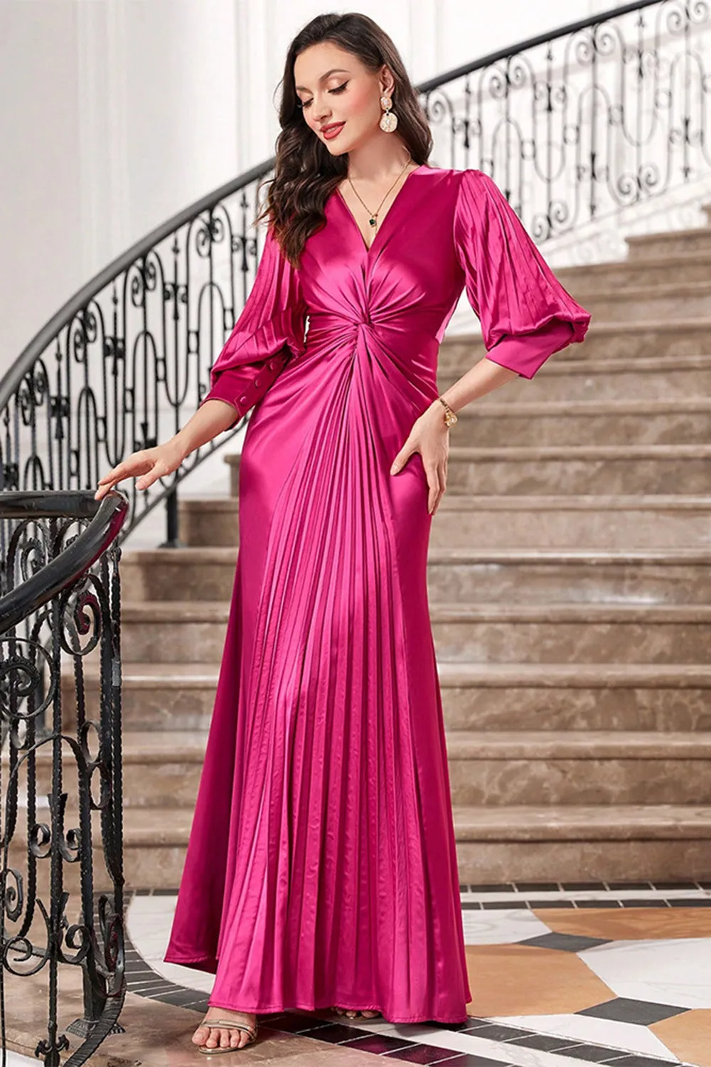Fuchsia Pleated Long Prom Dress with Lantern Sleeves sold by Zapaka product image thumbnail 3