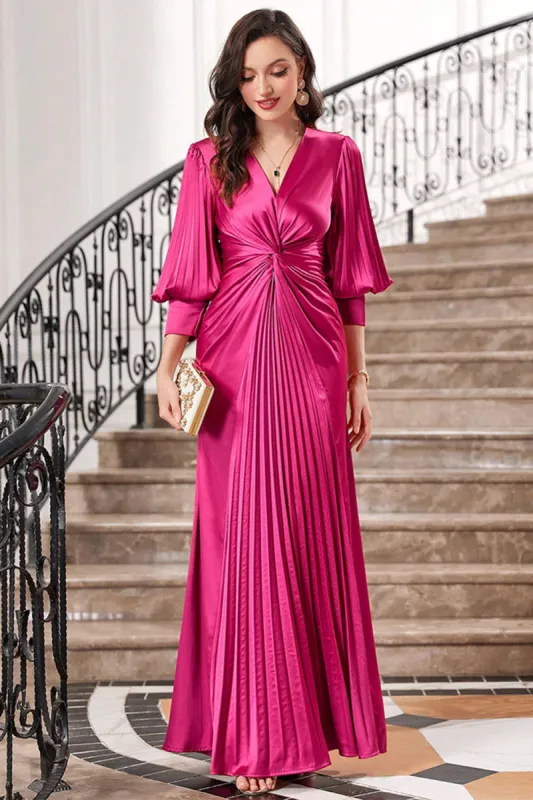 Fuchsia Pleated Long Prom Dress with Lantern Sleeves sold by Zapaka