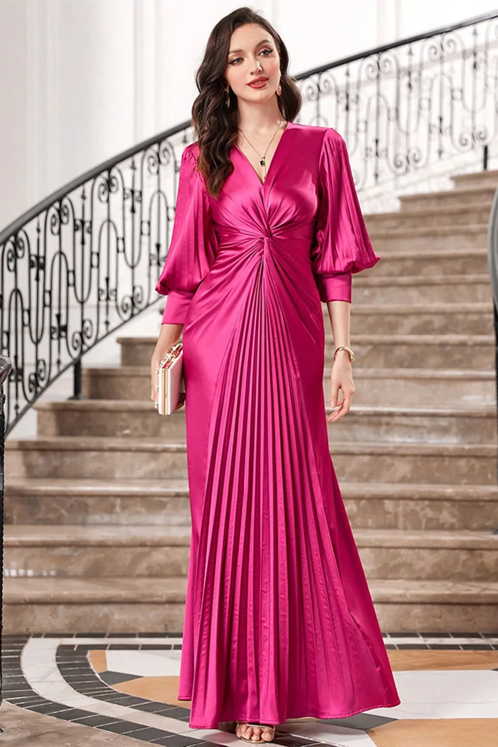 Fuchsia Pleated Long Prom Dress with Lantern Sleeves sold by Zapaka product image thumbnail 4