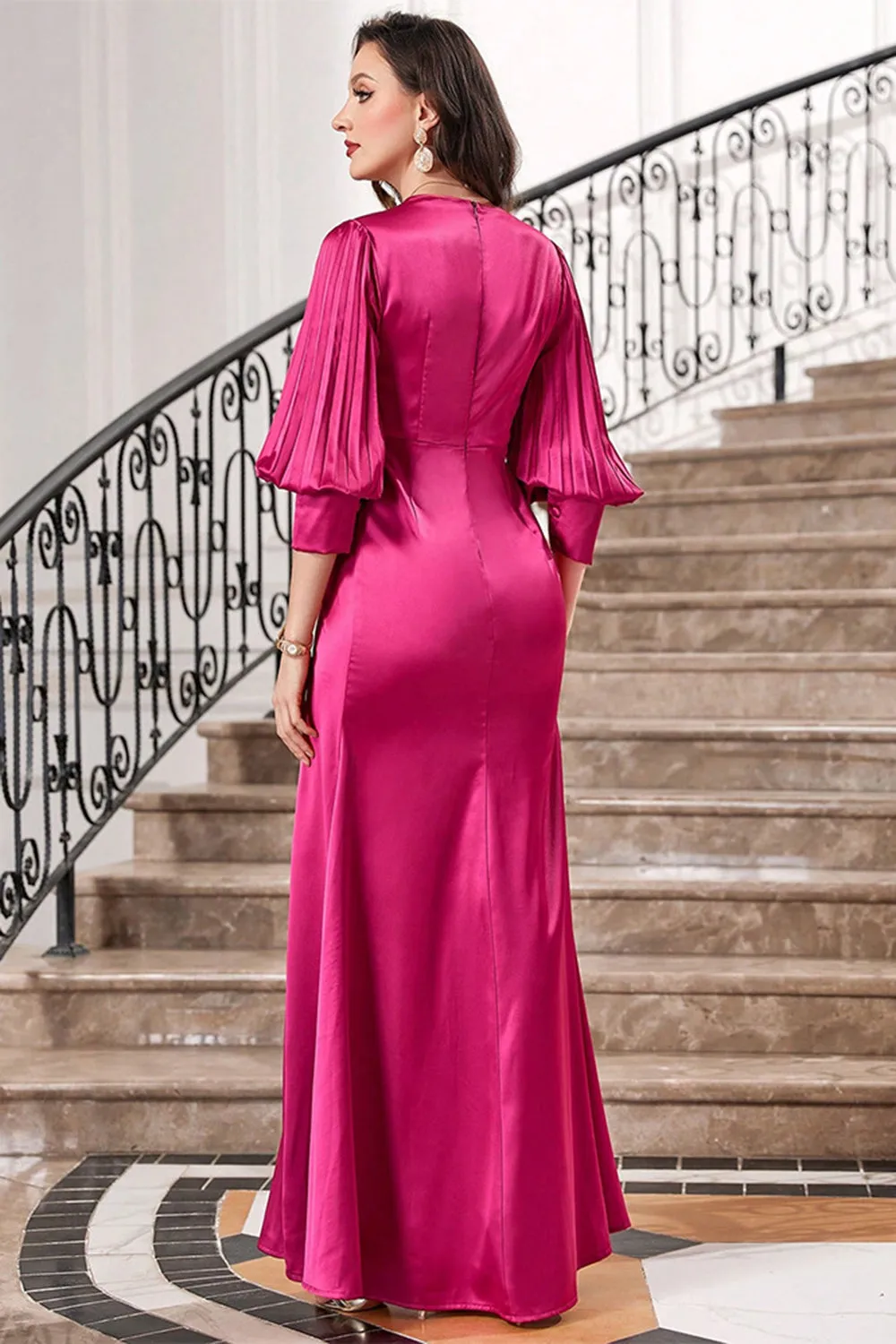 Fuchsia Pleated Long Prom Dress with Lantern Sleeves sold by Zapaka product image thumbnail 2