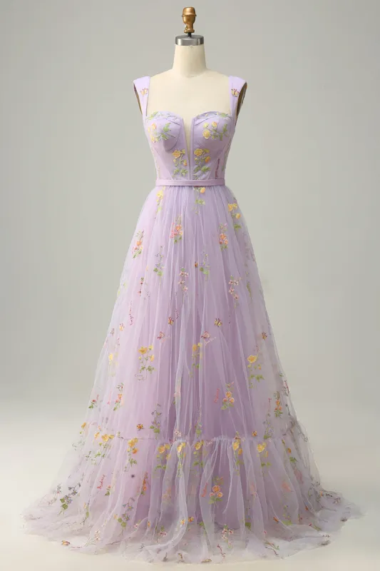 A-Line Square Neck Purple Long Prom Dress with Embroidery sold by Zapaka