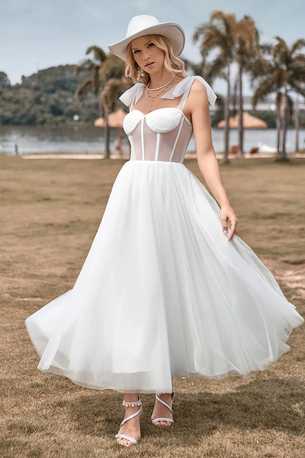Ivory Tulle Corset Tea-Length A Line Wedding Dress sold by Zapaka product image thumbnail 4