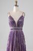 Glitter Purple A-Line Spaghetti Straps Pleated Prom Dress sold by Zapaka