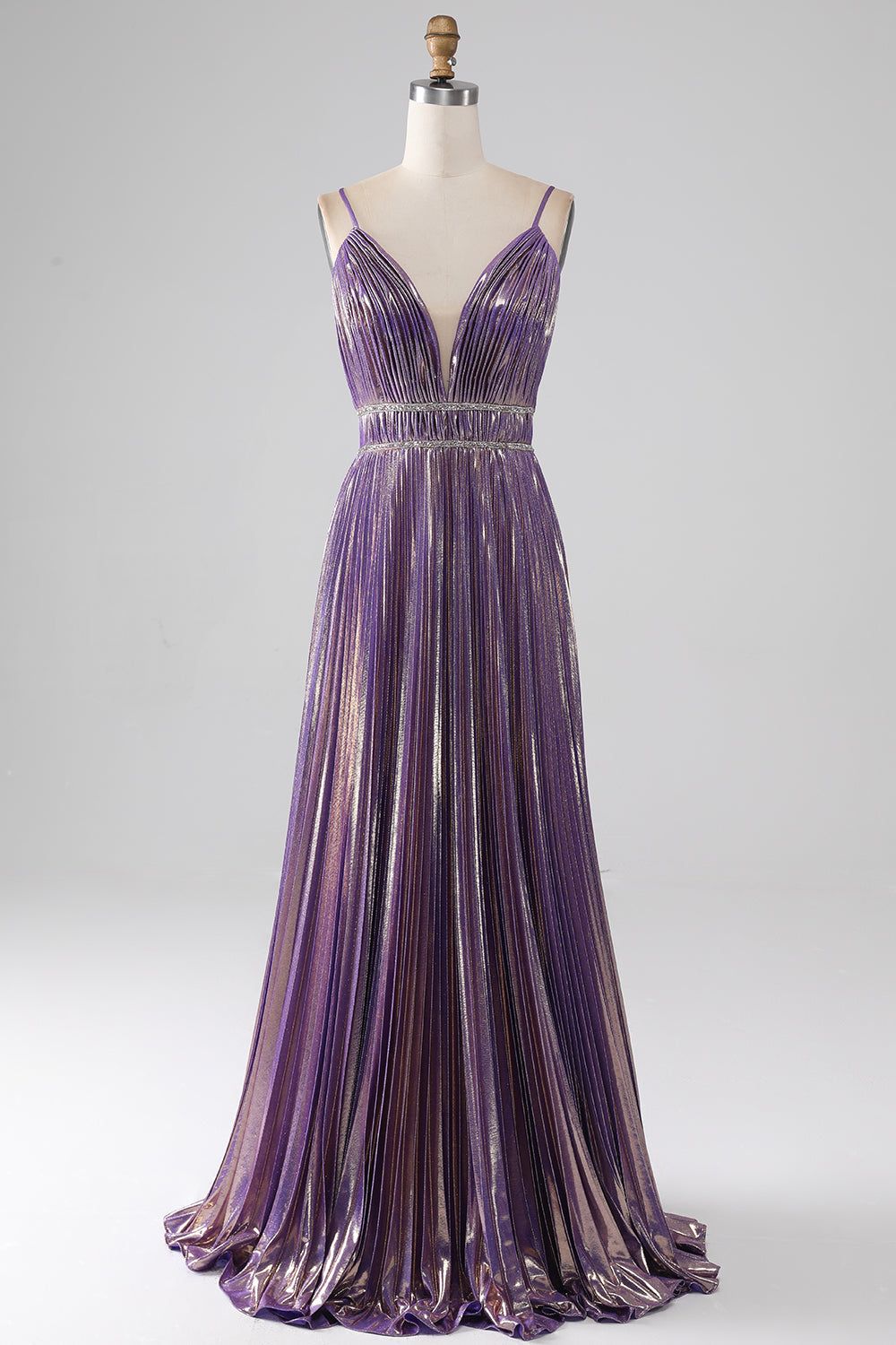 Glitter Purple A-Line Spaghetti Straps Pleated Prom Dress sold by Zapaka