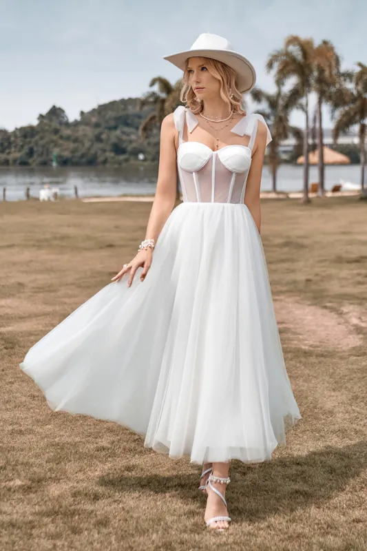 Ivory Tulle Corset Tea-Length A Line Wedding Dress made by Zapaka