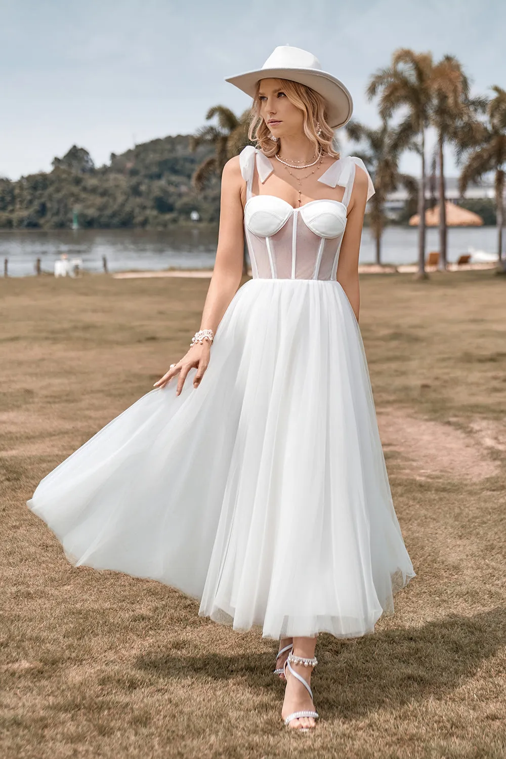 Ivory Tulle Corset Tea-Length A Line Wedding Dress sold by Zapaka