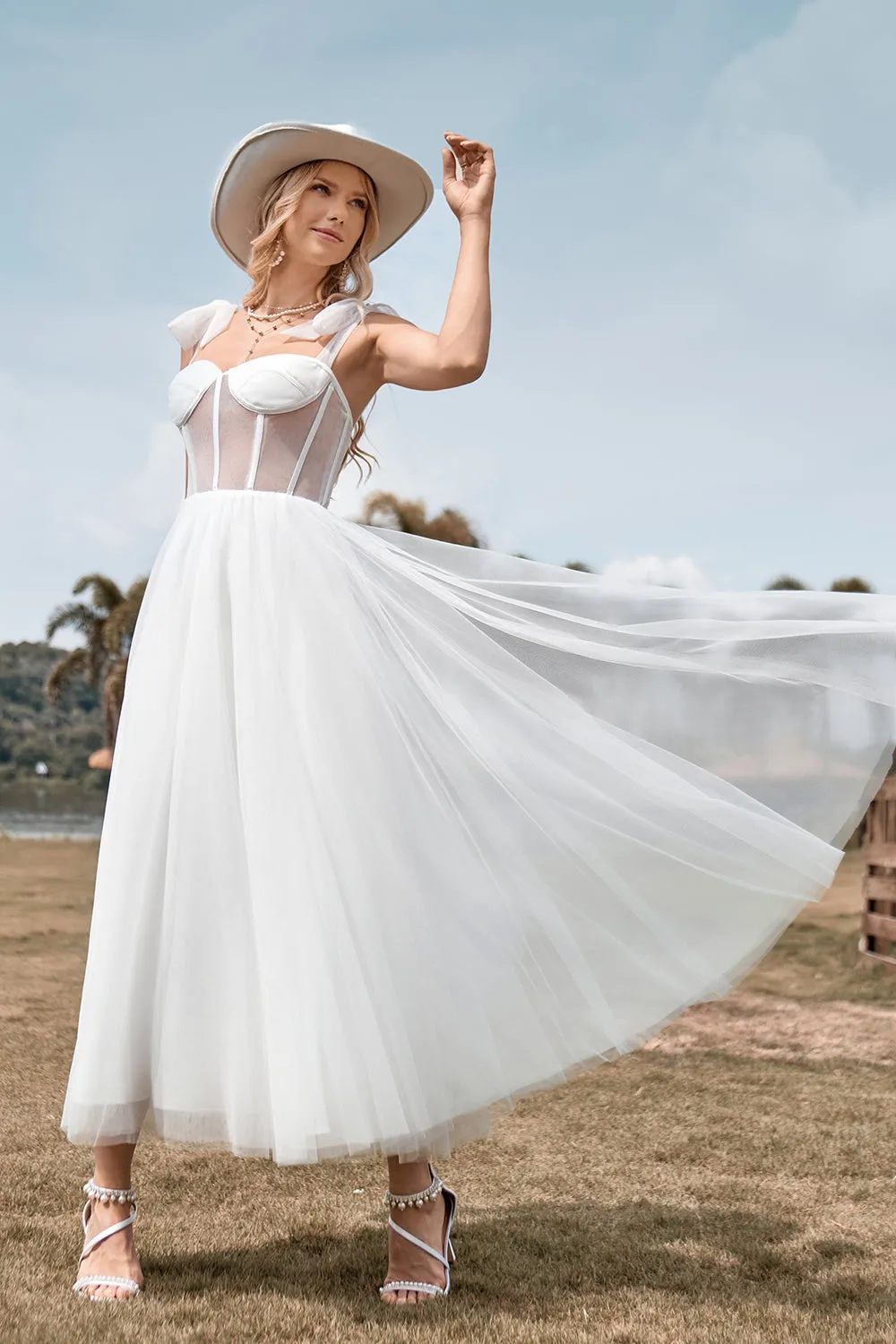 Ivory Tulle Corset Tea-Length A Line Wedding Dress sold by Zapaka product image thumbnail 5