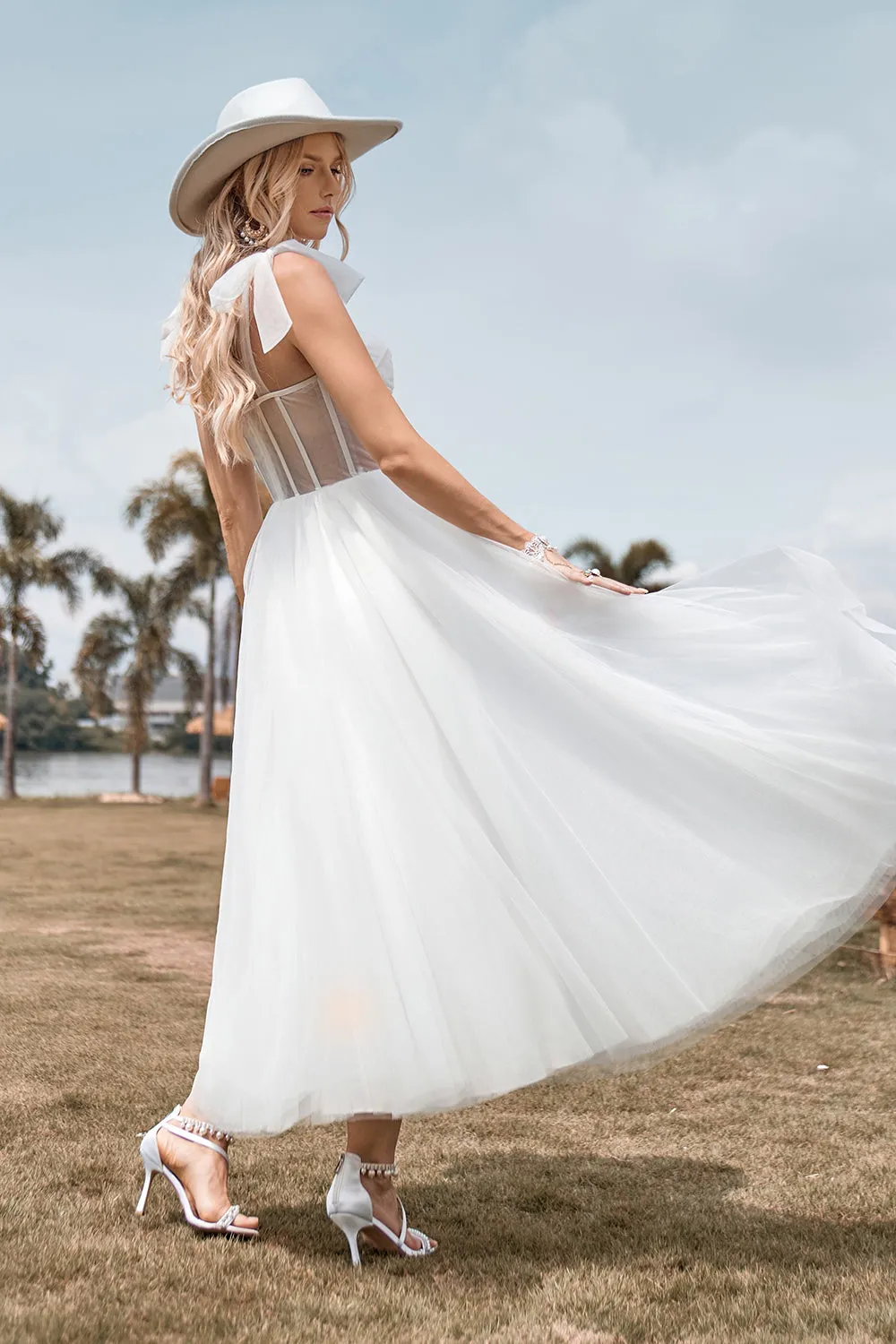Ivory Tulle Corset Tea-Length A Line Wedding Dress sold by Zapaka product image thumbnail 2