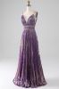 Glitter Purple A-Line Spaghetti Straps Pleated Prom Dress sold by Zapaka