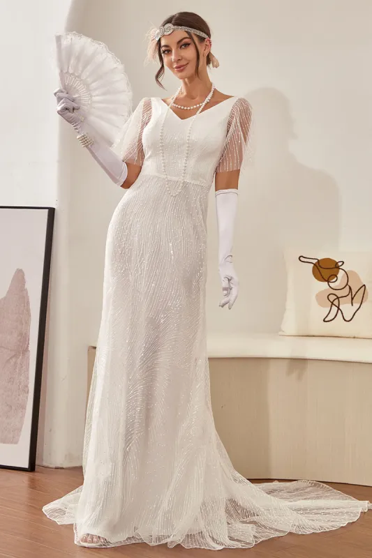 Mermaid White V-Neck Wedding Dress sold by Zapaka