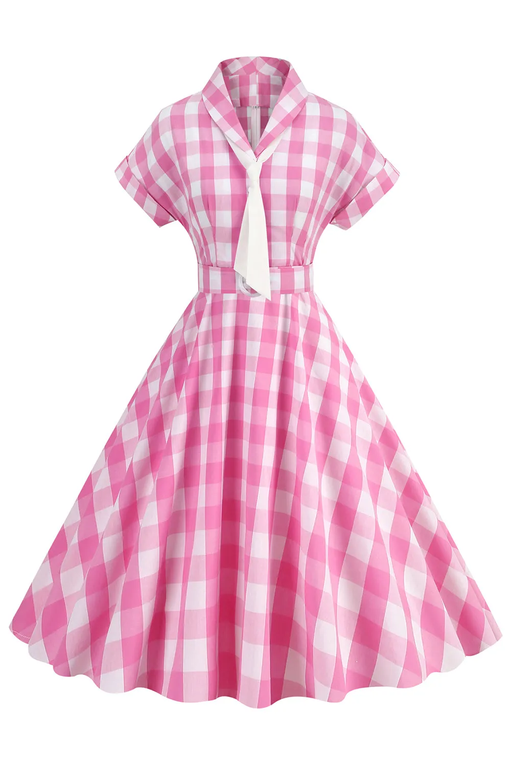 Pink Plaid Bowknot 1950s Dress With Short Sleeves sold by Zapaka product image thumbnail 3