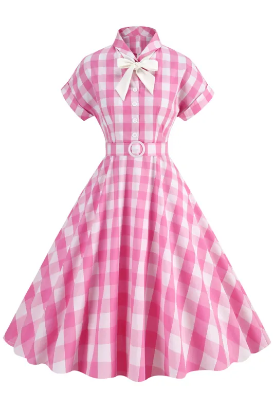 Pink Plaid Bowknot 1950s Dress With Short Sleeves sold by Zapaka