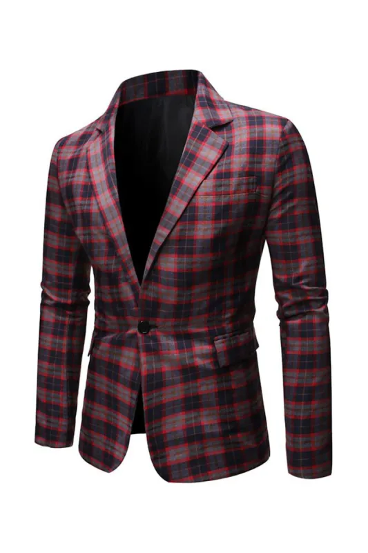 Red Grid Notched Lapel One Button Men's Blazer sold by Zapaka