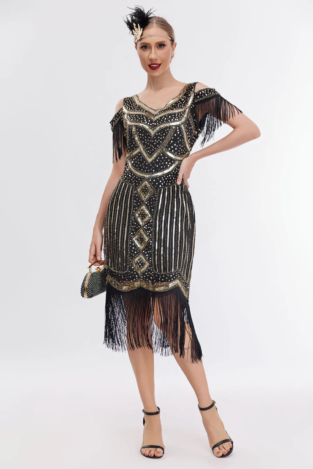 Black Golden Cold Shoulder Fringe 1920s Gatsby Dress with 20s Accessories Set sold by Zapaka product image thumbnail 5
