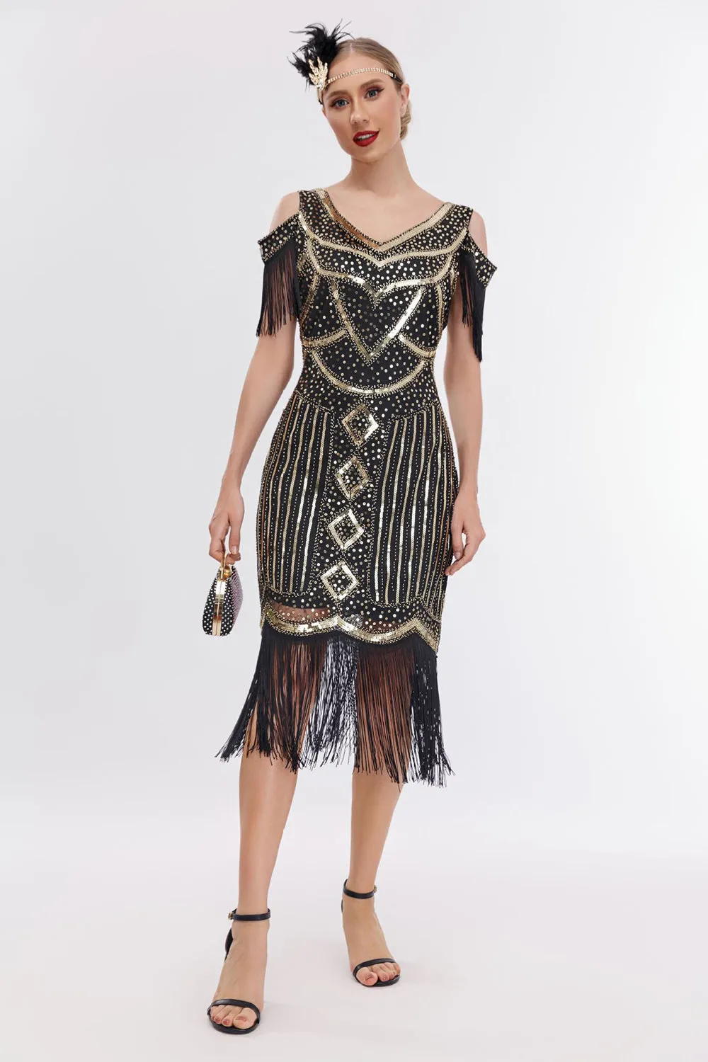 Black Golden Cold Shoulder Fringe 1920s Gatsby Dress with 20s Accessories Set sold by Zapaka product image thumbnail 2