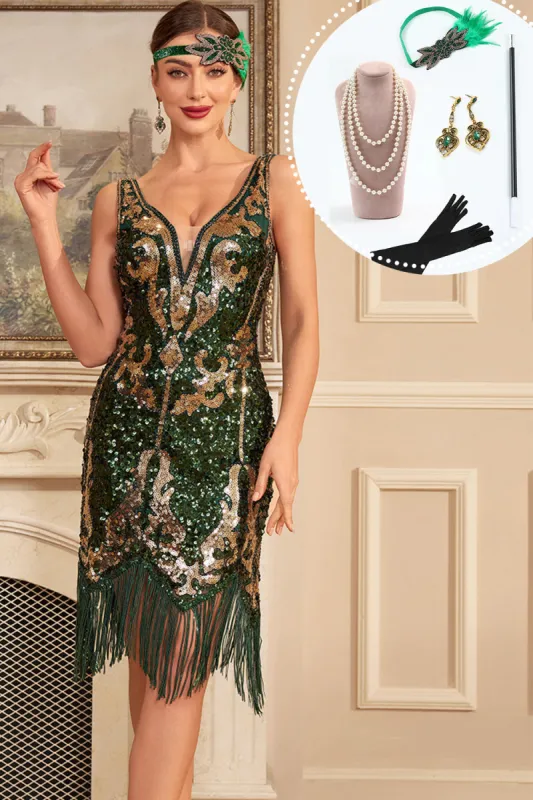 Green Golden Sequins Fringe 1920s Gatsby Dress with Accessories Set sold by Zapaka