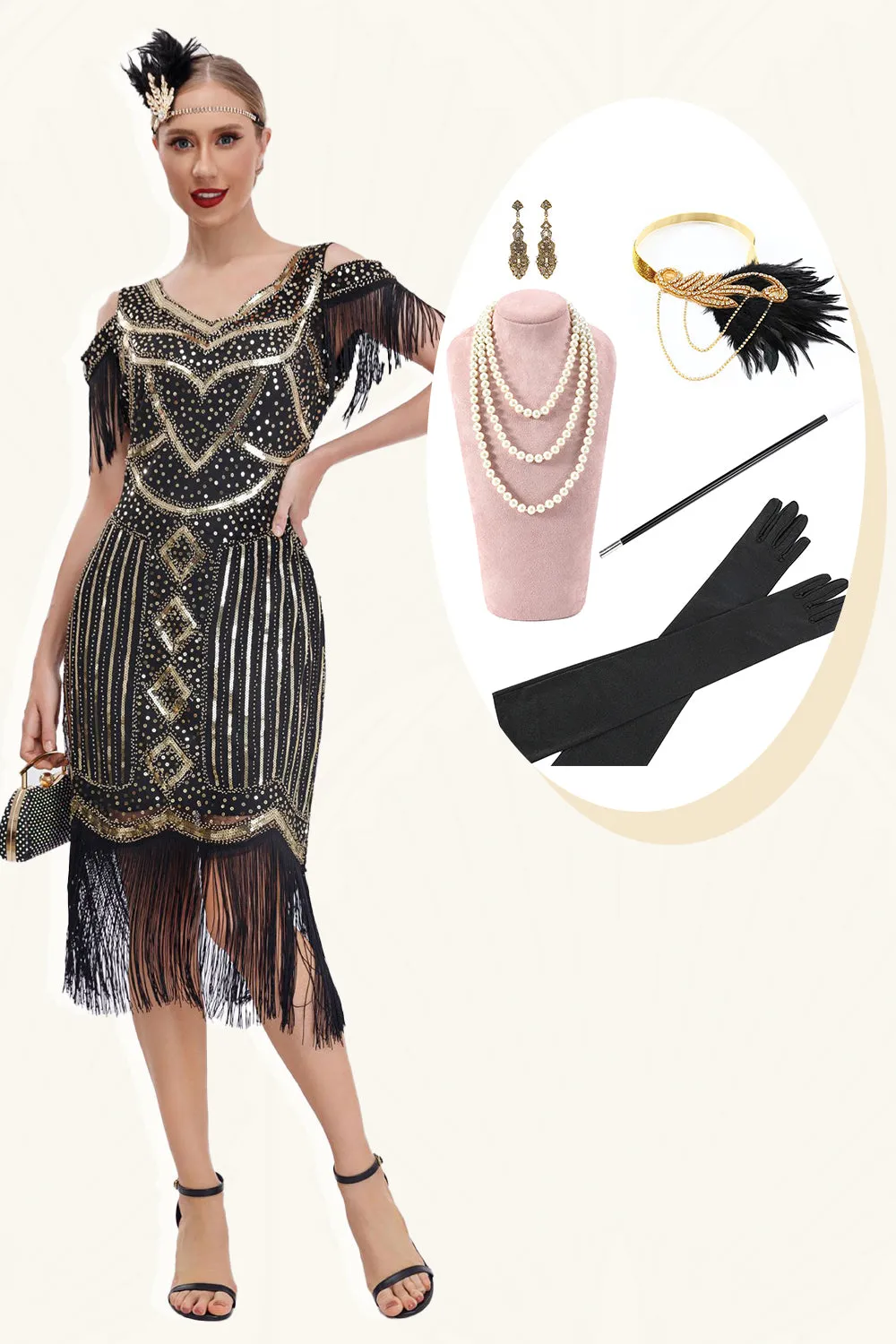 Black Golden Cold Shoulder Fringe 1920s Gatsby Dress with 20s Accessories Set sold by Zapaka