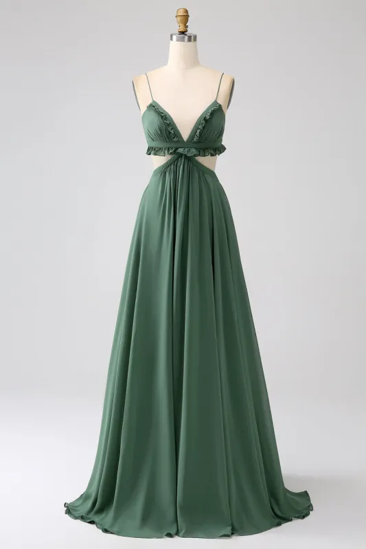 Spaghetti Straps Ruffles Green Hollow-out Long Bridesmaid Dress sold by Zapaka