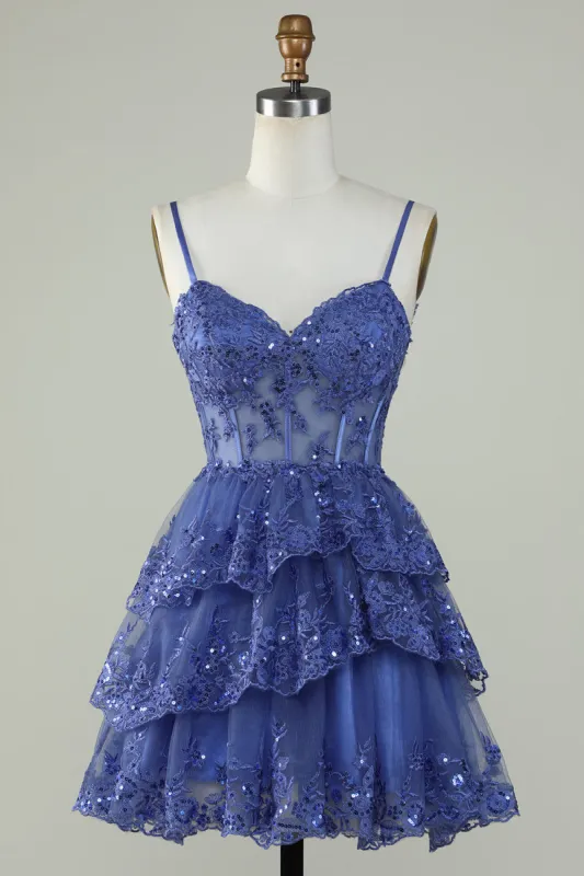 Cute A Line Spaghetti Straps Dark Blue Sparkly Corset Homecoming Dress with Sequins sold by Zapaka