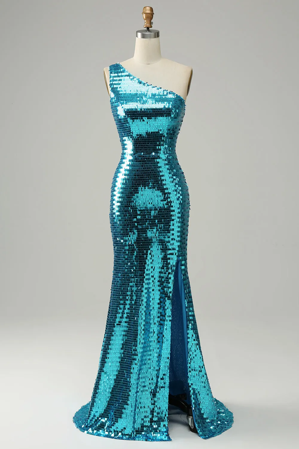 Sparkly Blue Sequins One Shoulder Long Prom Dress with Slit sold by Zapaka