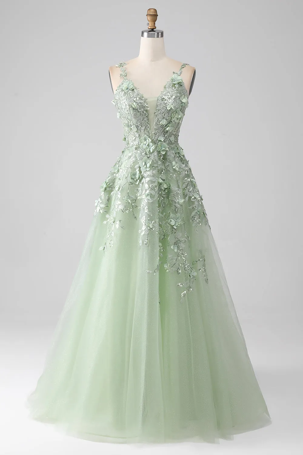 Sage A-Line Detachable Sleeves Long Corset Prom Dress with Flowers sold by Zapaka product image thumbnail 3