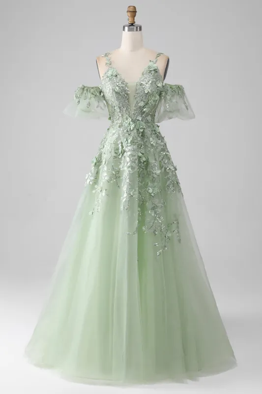 Sage A-Line Detachable Sleeves Long Corset Prom Dress with Flowers sold by Zapaka