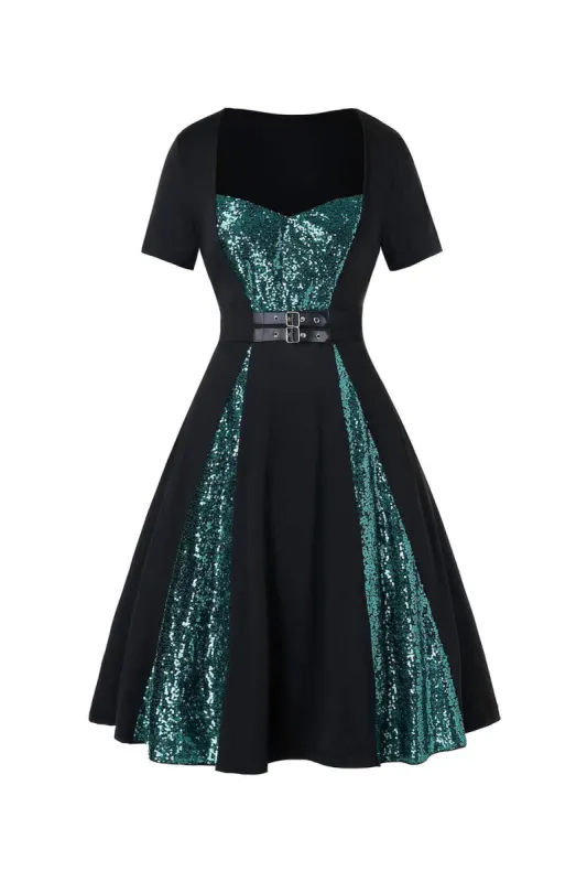 Sweetheart Green Sequins Short Sleeve Swing Dress sold by Zapaka