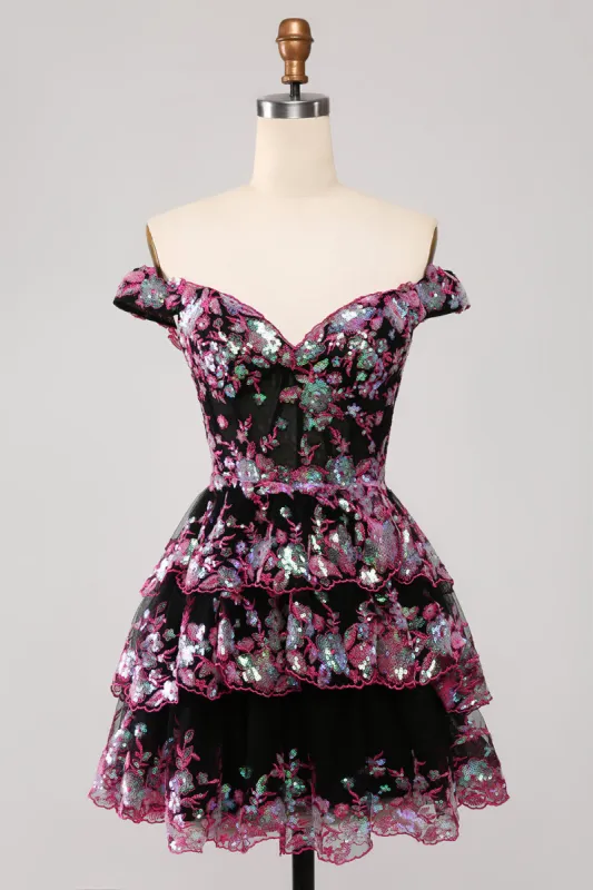 Sparkly Black Pink Corset Tiered Lace A-Line Short Homecoming Dress sold by Zapaka