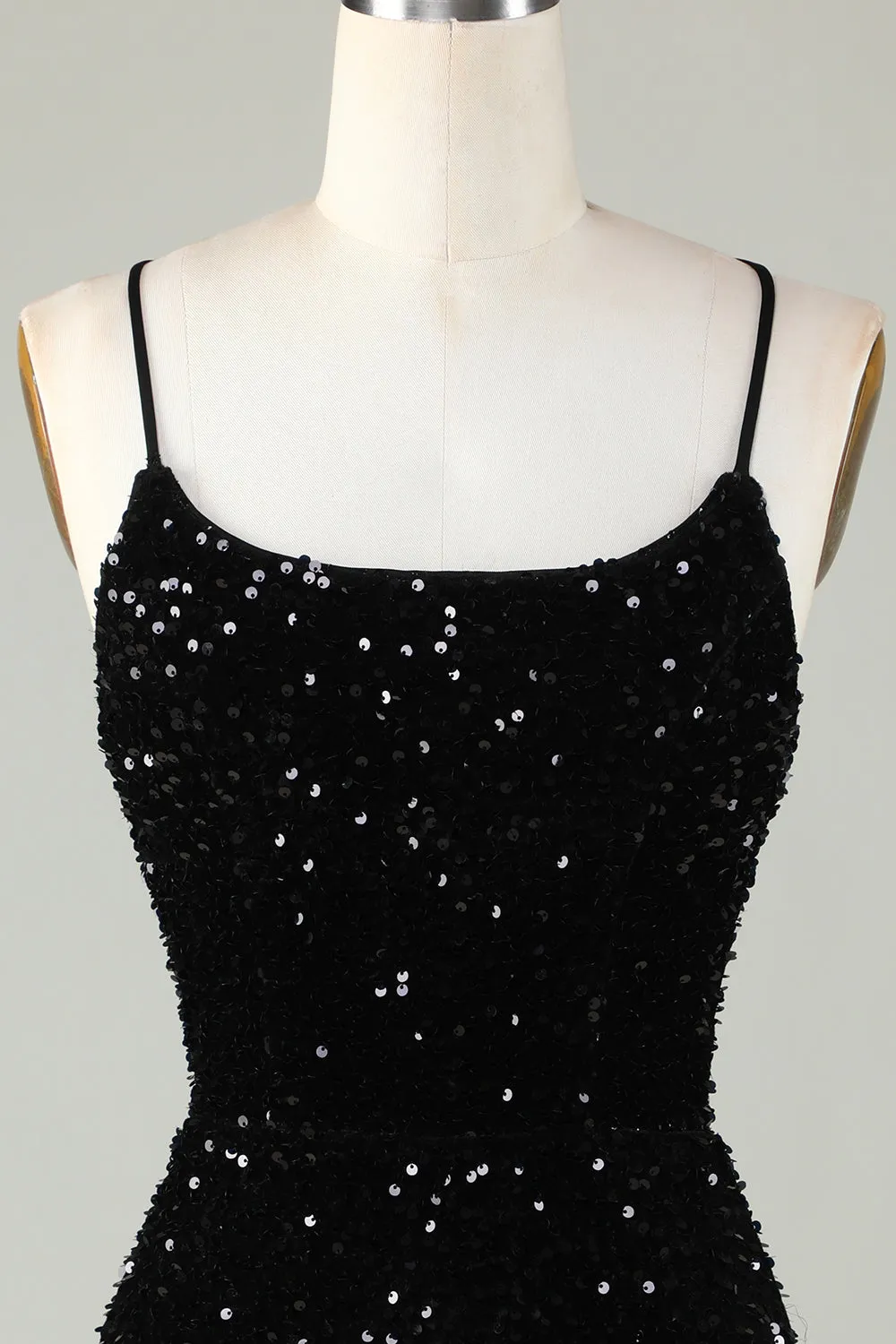 Black Spaghetti Straps Sequin Homecoming Dress With Criss Cross Back sold by Zapaka product image thumbnail 4