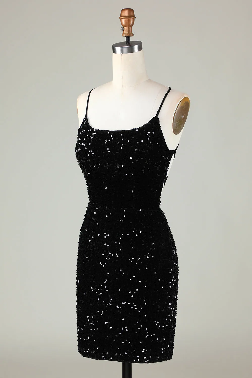 Black Spaghetti Straps Sequin Homecoming Dress With Criss Cross Back sold by Zapaka product image thumbnail 3