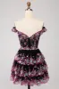 Sparkly Black Pink Corset Tiered Lace A-Line Short Homecoming Dress sold by Zapaka