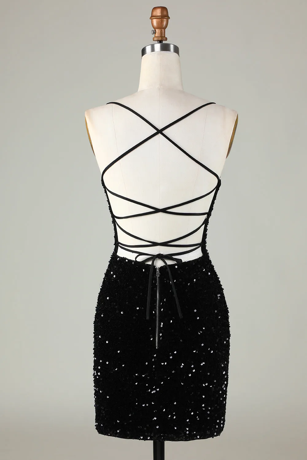 Black Spaghetti Straps Sequin Homecoming Dress With Criss Cross Back sold by Zapaka product image thumbnail 2