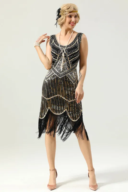 Black Deep V Neck Flapper 1920s Dress sold by Zapaka