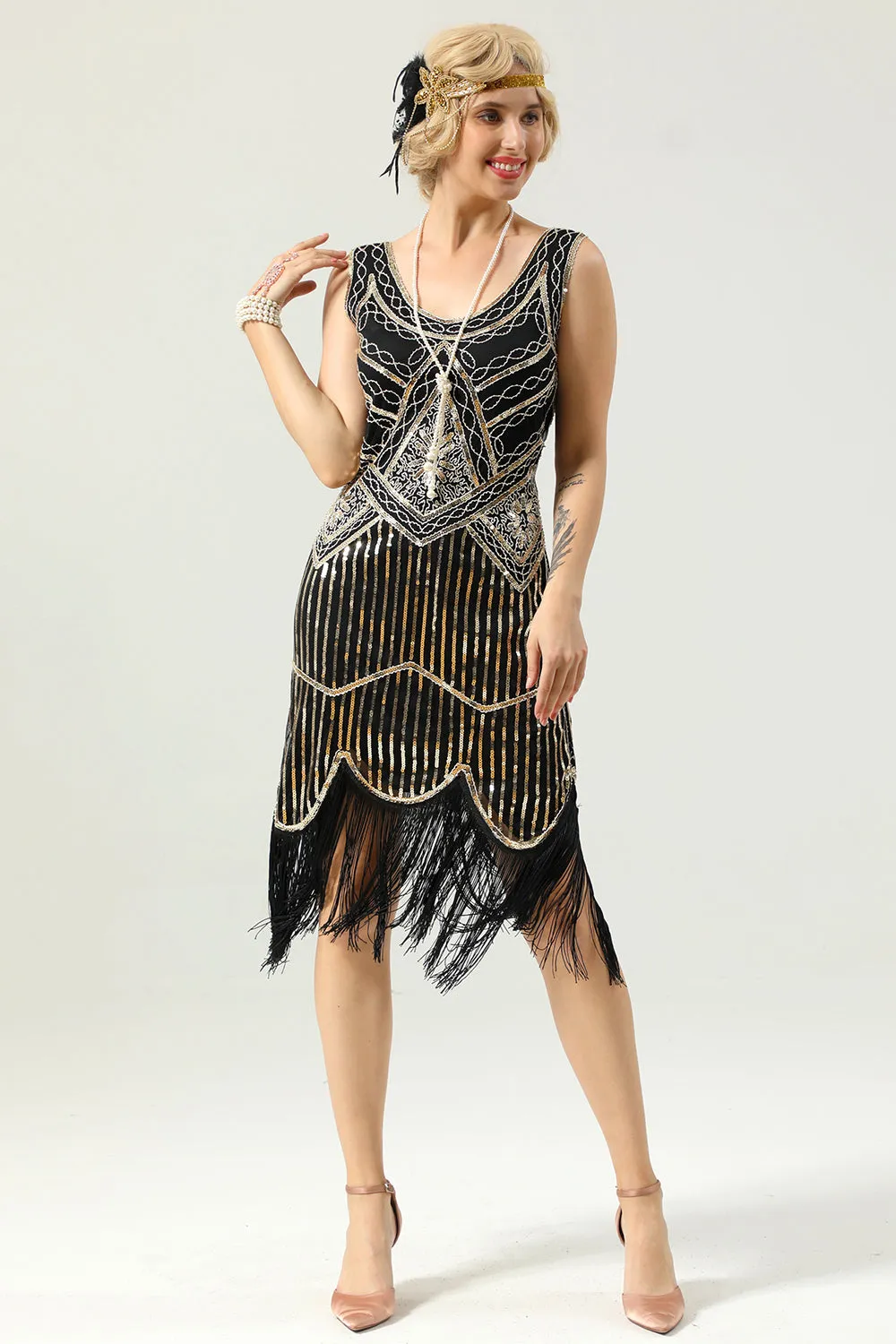 Black Deep V Neck Flapper 1920s Dress sold by Zapaka