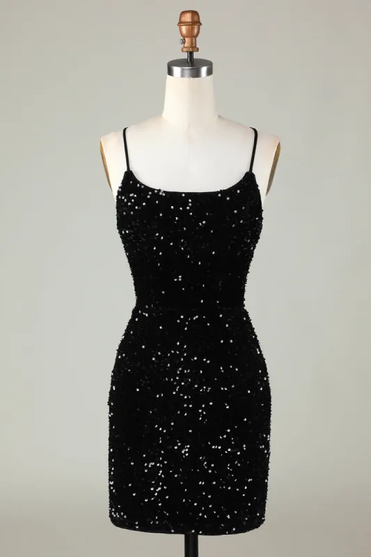 Black Spaghetti Straps Sequin Homecoming Dress With Criss Cross Back sold by Zapaka
