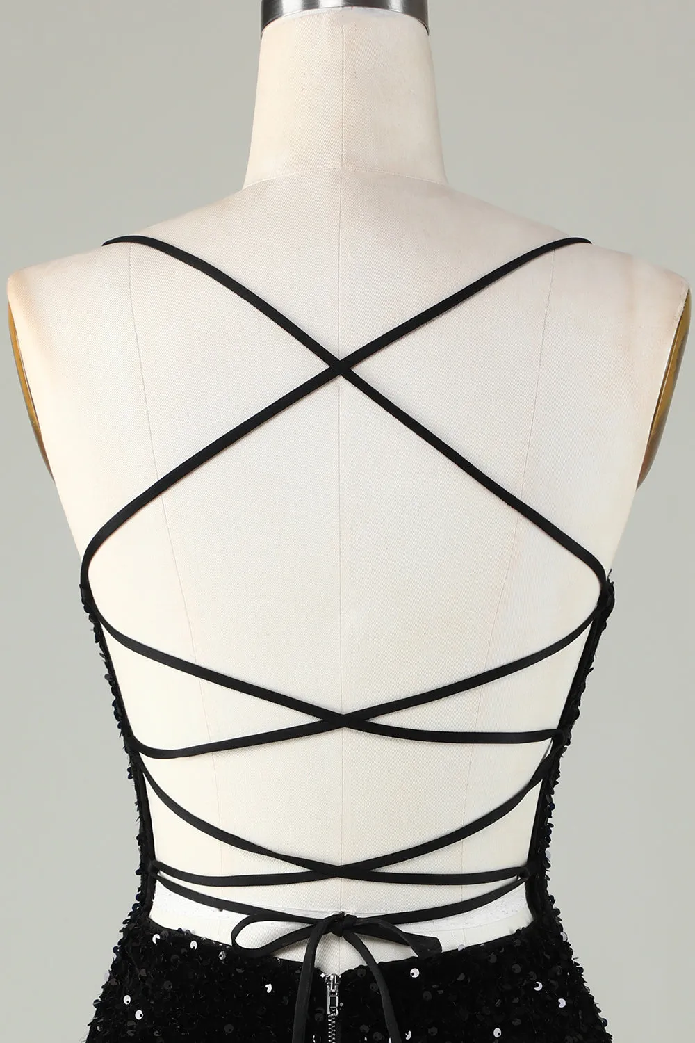 Black Spaghetti Straps Sequin Homecoming Dress With Criss Cross Back sold by Zapaka product image thumbnail 5