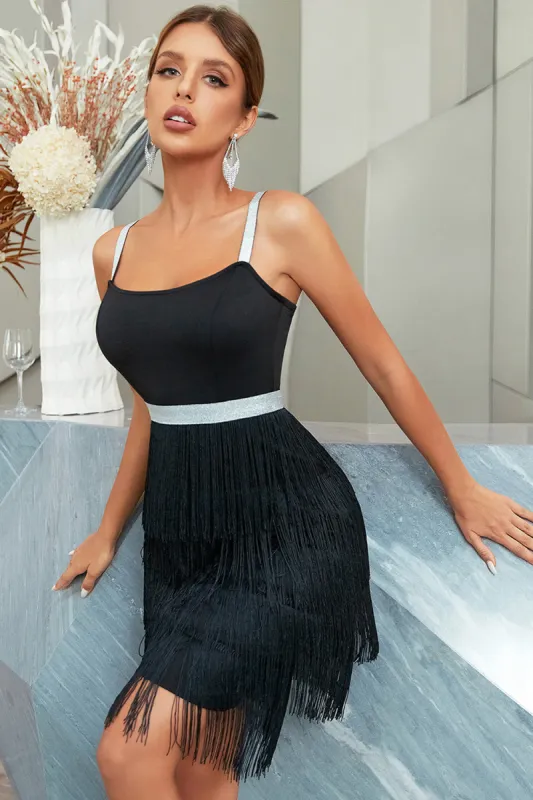 A Line Spaghetti Straps Black Cocktail Dress with Tassel made by Zapaka