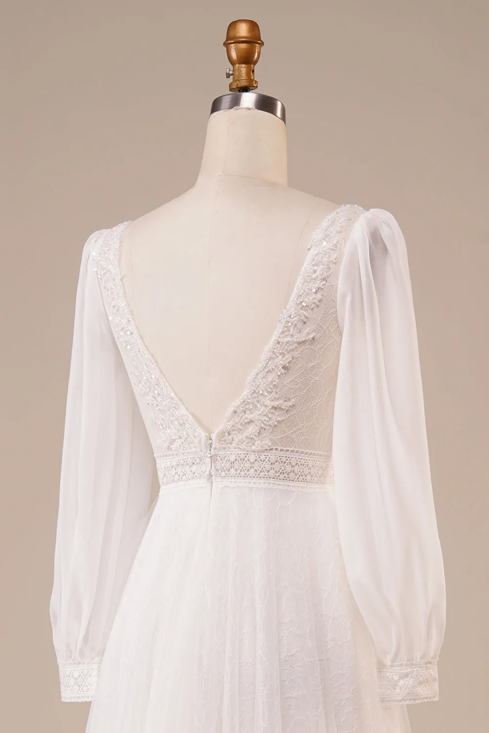 A-Line Tulle Beaded Ivory Wedding Dress with Sleeves sold by Zapaka product image thumbnail 5