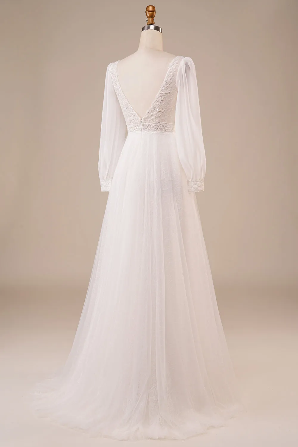 A-Line Tulle Beaded Ivory Wedding Dress with Sleeves sold by Zapaka product image thumbnail 2