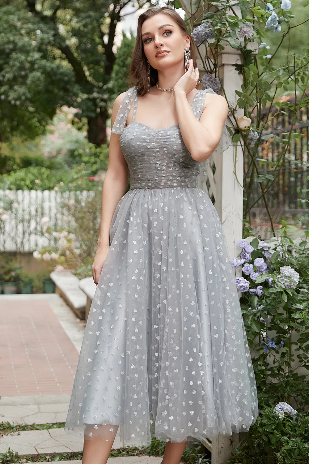 Grey Spaghetti Straps Tea-Length Prom Dress With Bowknots sold by Zapaka product image thumbnail 5