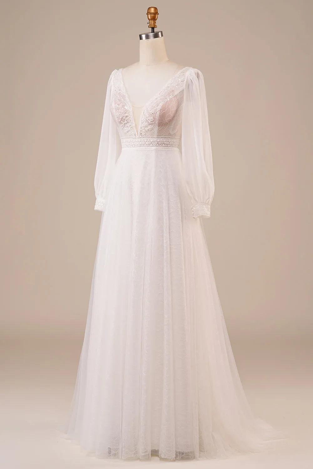 A-Line Tulle Beaded Ivory Wedding Dress with Sleeves sold by Zapaka product image thumbnail 3
