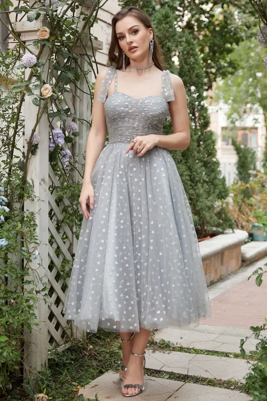 Grey Spaghetti Straps Tea-Length Prom Dress With Bowknots made by Zapaka