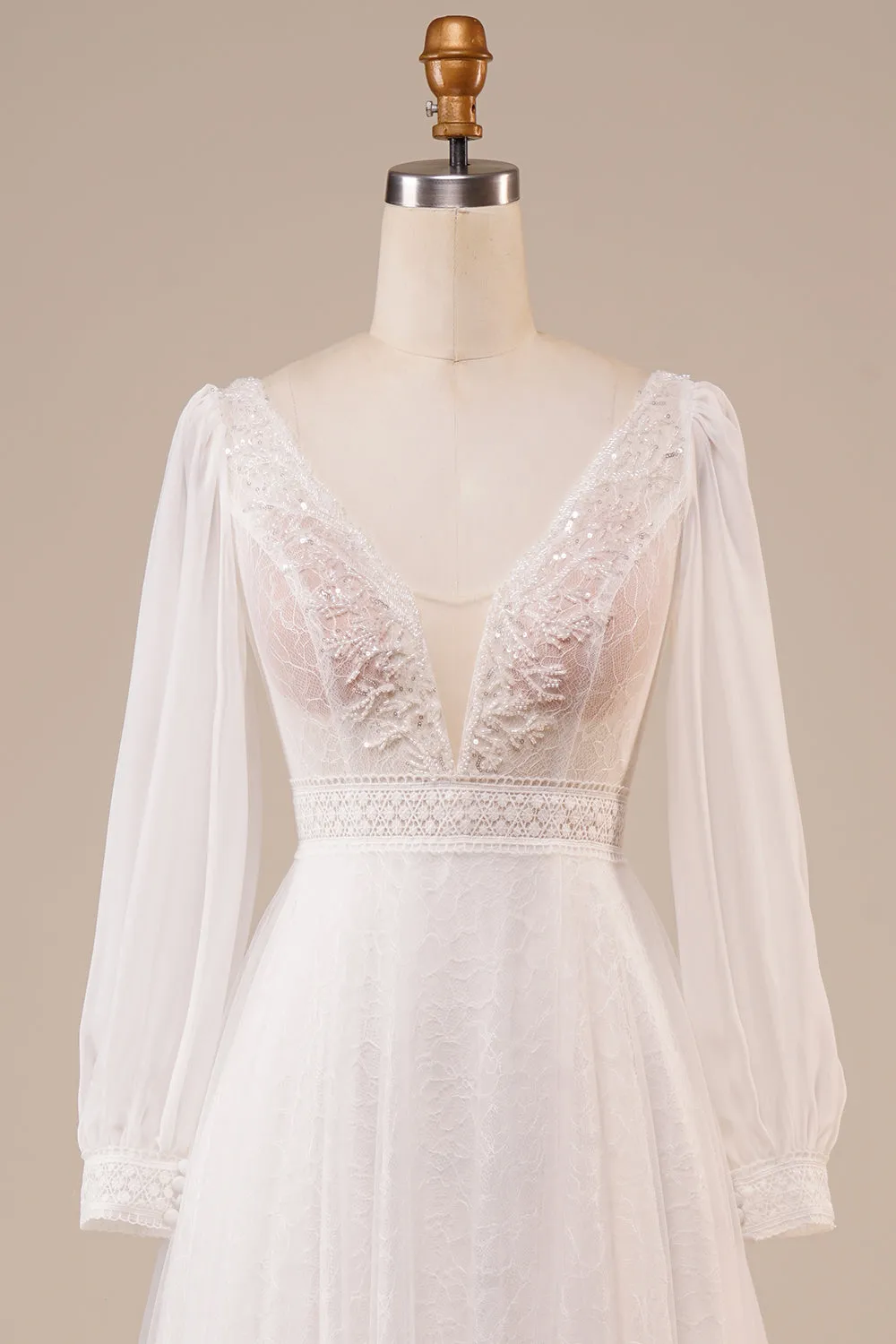 A-Line Tulle Beaded Ivory Wedding Dress with Sleeves sold by Zapaka product image thumbnail 4