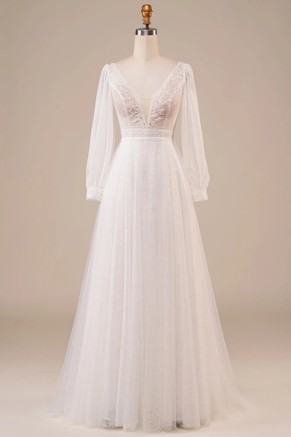 A-Line Tulle Beaded Ivory Wedding Dress with Sleeves sold by Zapaka