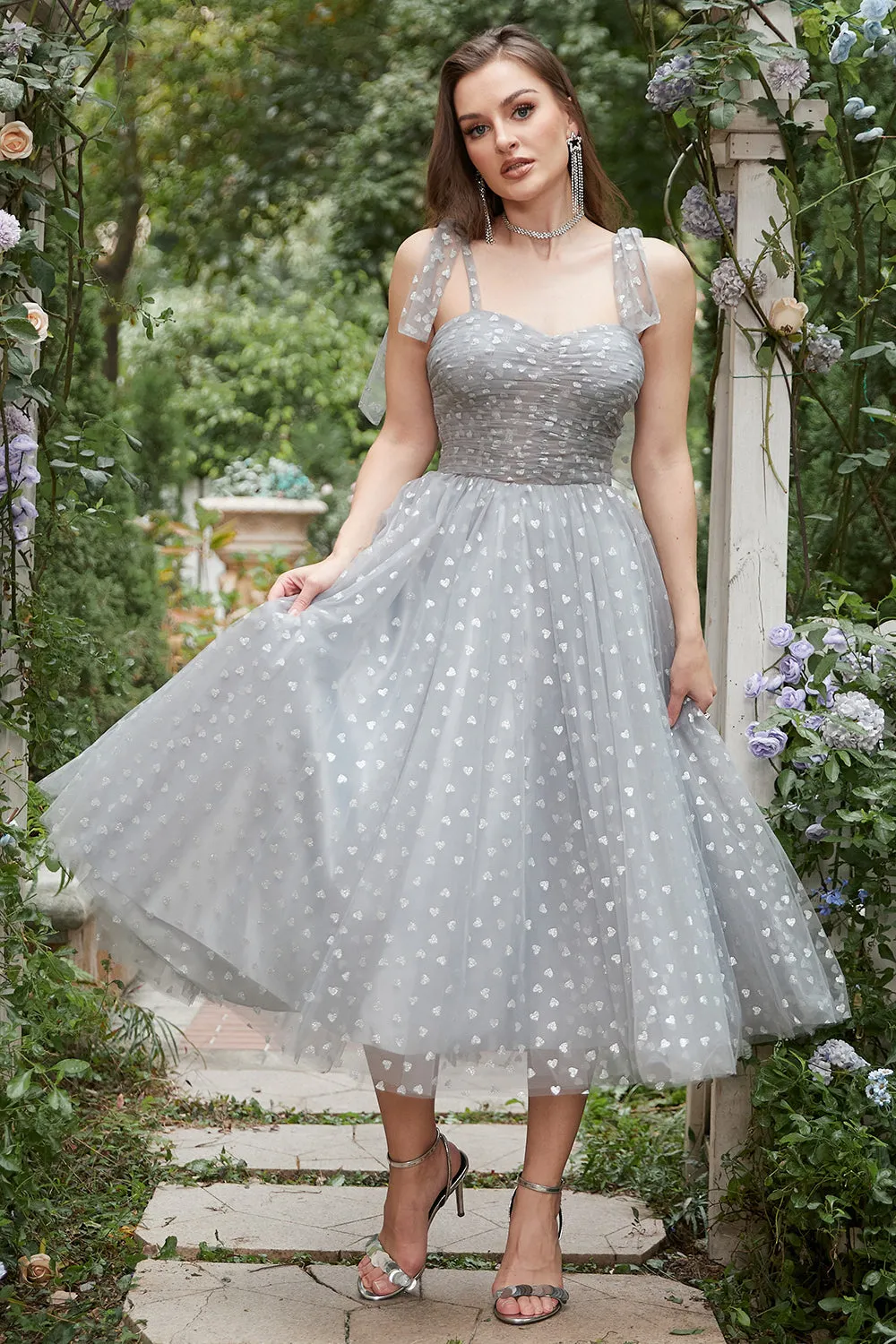 Grey Spaghetti Straps Tea-Length Prom Dress With Bowknots sold by Zapaka product image thumbnail 3