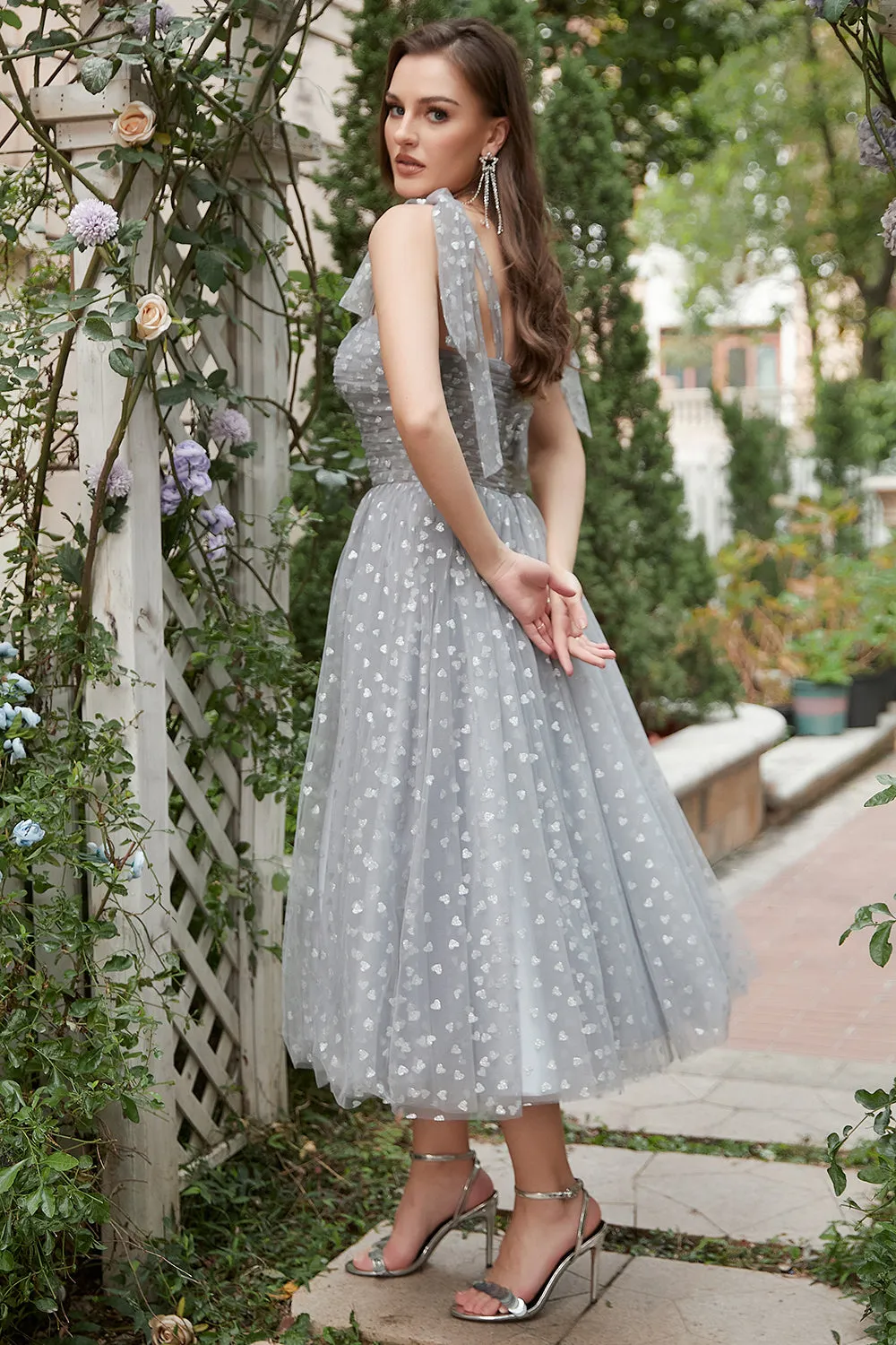 Grey Spaghetti Straps Tea-Length Prom Dress With Bowknots sold by Zapaka product image thumbnail 2