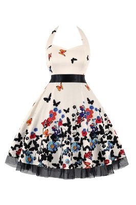 Halter Butterfly Print Beige Vintage Dress With Bow sold by Zapaka