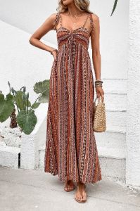 A Line Striped Spaghetti Straps Boho Summer Dress sold by Zapaka