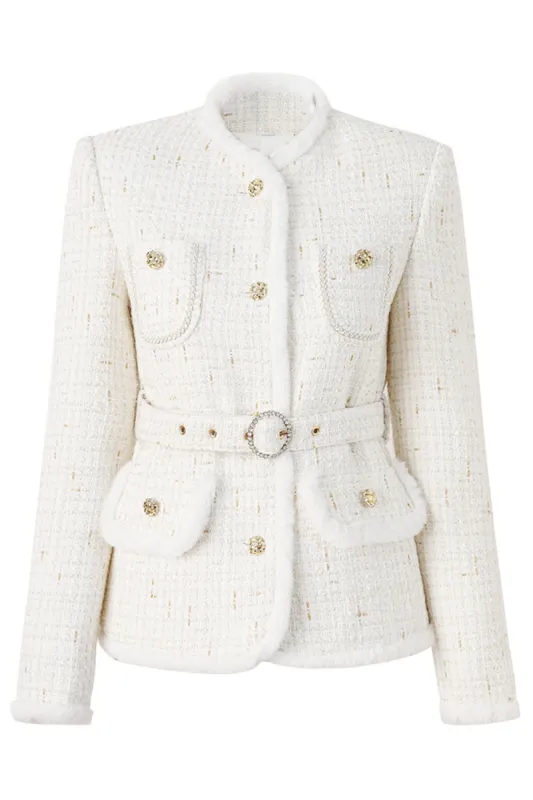 Light Luxury White Wool Splicing Small Stand Collar Women Jacket sold by Zapaka