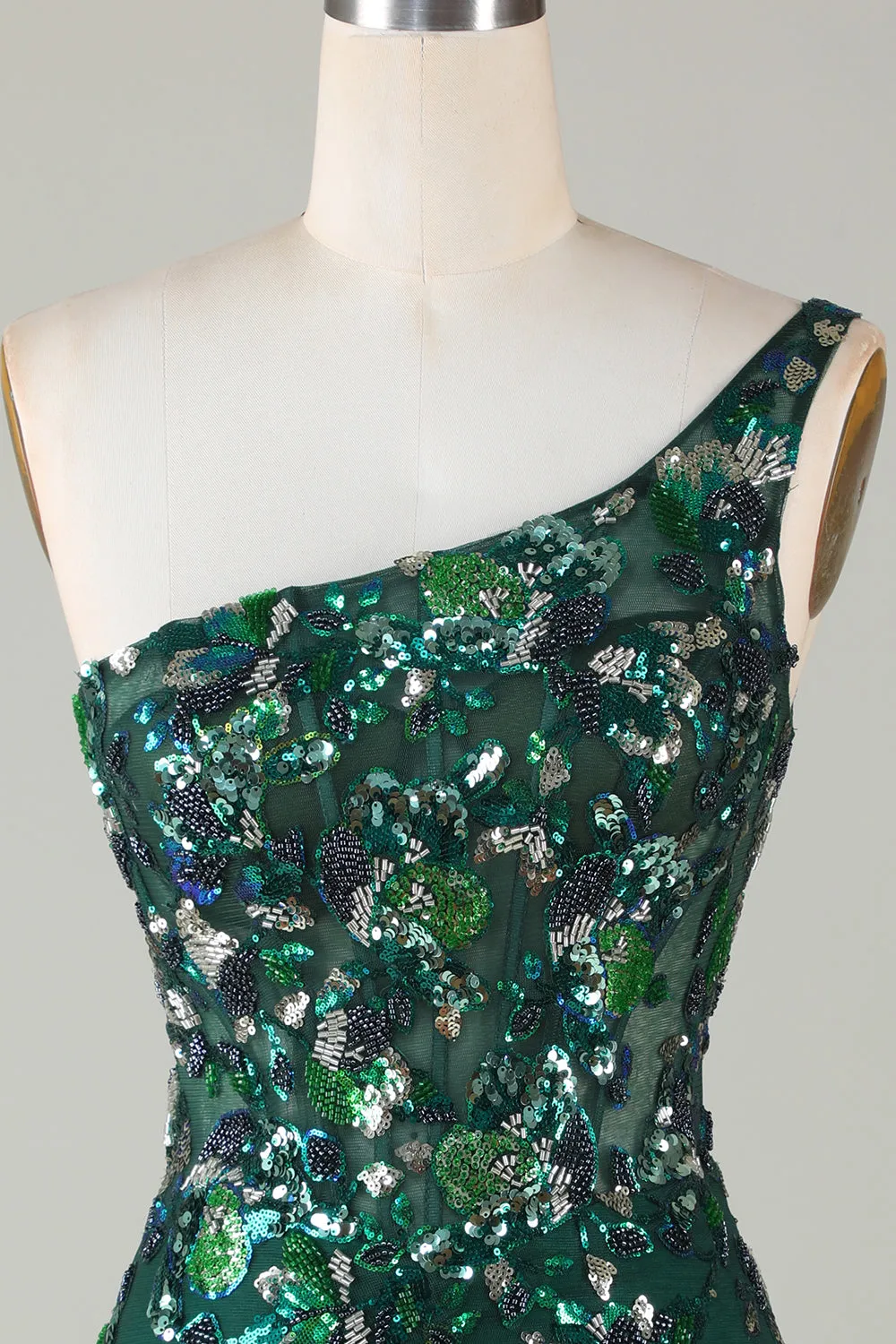 Bodycon One Shoulder Dark Green Sequins Short Homecoming Dress with Feather sold by Zapaka product image thumbnail 4